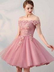 Pink Off Shoulder Lace Homecoming Dress