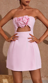 Blush Bloom Strapless Cutout Mini Dress with 3D Roses