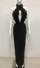 Black Halter Neck Floral Applique Maxi Dress