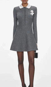 Hlio Chic Grey Knit Sweater Mini Dress with Peter Pan Collar