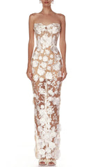 Decla Enchanting White 3D Floral Illusion Strapless Maxi Gown
