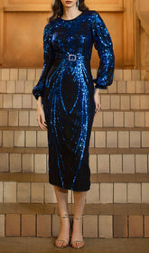 Dimanche Dazzling Blue Sequin Long Sleeve Midi Dress