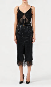 Ilta Black Lace & Vegan Leather Midi Dress