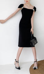 Elegant Black Pearl-Embellished Midi Dress