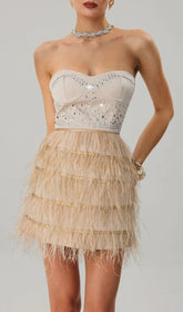 Jagtopa Strapless Rhinestone Feather Fringe Mini Dress