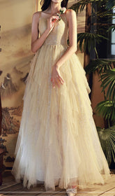 Chinara Sparkling Champagne Tiered Mesh Maxi Gown