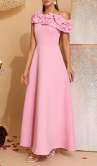 Hạnh Elegant Pink One-Shoulder Maxi Dress with 3D Floral Appliques