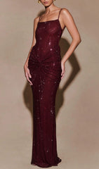Itziar Dazzling Red Diamante Ruched Maxi Gown