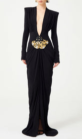 Ceana Black Deep-V Long Sleeve Maxi Dress