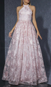 Dolores Elegant Pink Halter Embroidered Maxi Gown