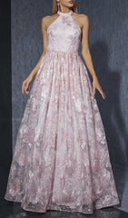Dolores Elegant Pink Halter Embroidered Maxi Gown