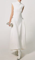Elegant White High-Neck A-Line Maxi Dress with Side Detail