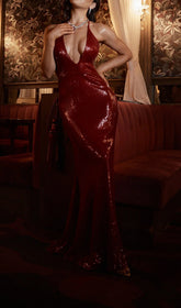 Dorona Dazzling Red Sequin Backless Maxi Dress for Women