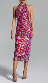 Dazzling Red & Purple Bass Sequin Halter Midi Dress