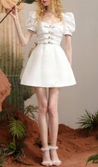 Conal White Sweetheart Bow Puff Sleeve Mini Dress