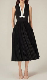 Fusa Elegant Black Pleated Midi Dress