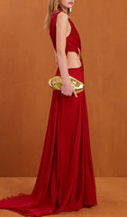 Show-Stopping Red One-Shoulder Ruched Cut-Out Maxi Dress
