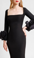 Catlin Black 3D Floral Rosette Bandage Midi Dress