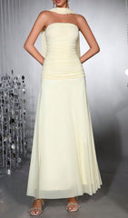 Hajar Elegant Strapless Ruched Mesh Maxi Dress