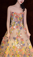 Enchanted Garden Strapless Floral Embroidered Tea Length Midi Dress