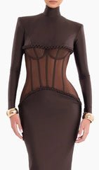Gravity Coffee Sculpted Corset Long Sleeve Maxi Dress