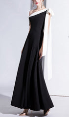 Chic Black One-Shoulder Maxi Gown with Contrast White Bow Detail