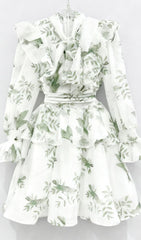 Jorgie Whimsical Bird Print Tiered Long Sleeve Mini Dress