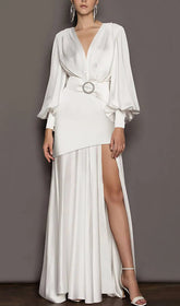 Elegant White Deep V Lantern Sleeve High Slit Maxi Dress for Women