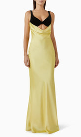 Caroun Elegant Yellow Satin Maxi Dress with Black Velvet Bustier