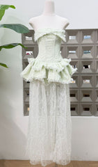 Jenis Sage Green Strapless Corset Peplum Lace Maxi Dress