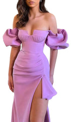 Lavish Lavender Off-Shoulder Midi Dress with Dramatic Puff Sleeves & High Slit