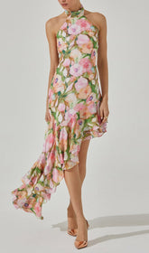 Dreamy Floral Ruffle Halter Maxi Dress