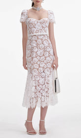 Elegant White Floral Lace Sweetheart Midi Dress with Bow Belt