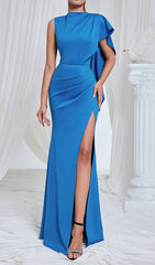 Glamorous Cypria Blue One-Shoulder Pleated Slit Maxi Dress