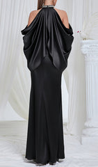 Elegant Black Halter Neck Maxi Dress with Flowy Cape Sleeves