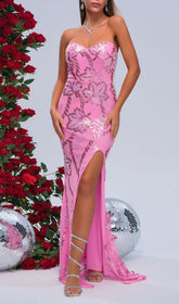 Filia Dazzling Pink Sequin Strapless Slit Maxi Dress