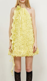 Danina Yellow 3D Floral Halter Mini Dress