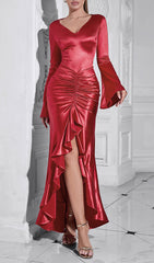 Balliol Red Satin Ruched V-Neck High-Low Ruffle Maxi Dress