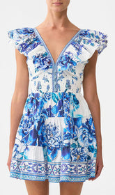 Haru Blue Floral Ruffle Mini Dress