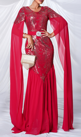 Gefjun Glamorous Red Sequin Maxi Dress with Dramatic Flowing Sleeves