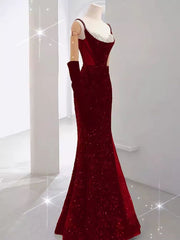 Wine Red Sequins Mermaid Straps Long Formal Dress
