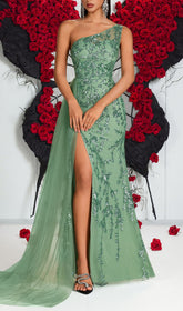 Jenne Glamorous One-Shoulder Sequin Mesh Maxi Gown with Slit