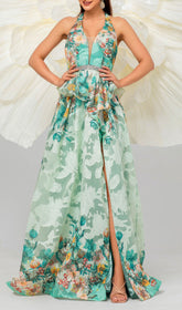 Brona Green Halter Neck Floral Maxi Dress with Thigh Slit & Peplum Detail