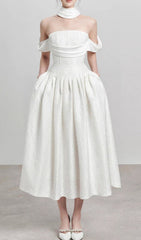 Jela Elegant White Corset Off-Shoulder Midi Dress with Pockets