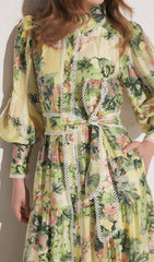 Yedda Floral Print Puff Sleeve Lace Trim Maxi Dress