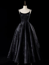 A-line Black Satin Straps with Lace Applique Prom Dress