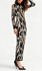 Chic Women's Leopard Print Long Sleeve Midi Dress