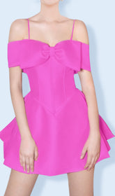 Glamorous Fuchsia Pink Off-Shoulder Corset Bow Mini Dress