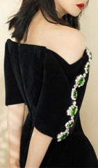 Dottie Luxe Emerald & Rhinestone Black Velvet Off-Shoulder Mini Dress