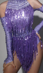 Dazzling Lakendra Long Sleeve Crystal Fringe Bodysuit
